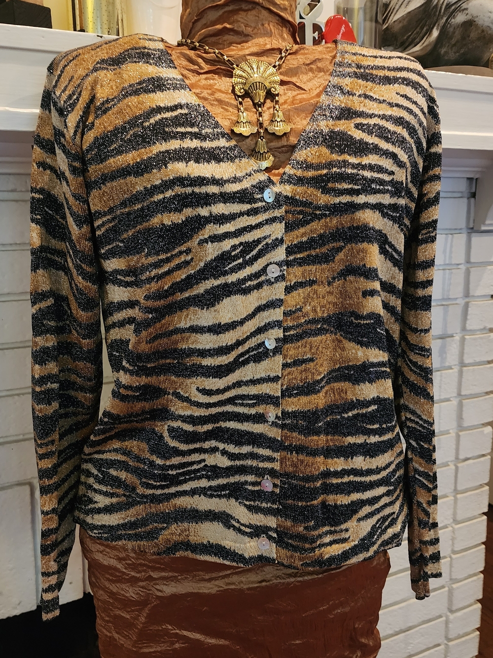 Caprichose Tiger Print Silk Metallic Cardigan Size M Animal Print Button Front